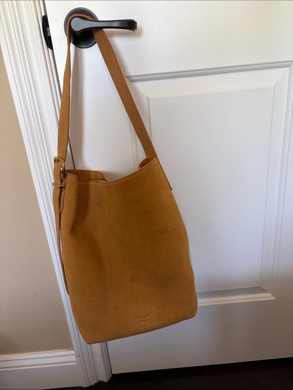 Minimal Suede Bucket Shoulder Bag in Tan
